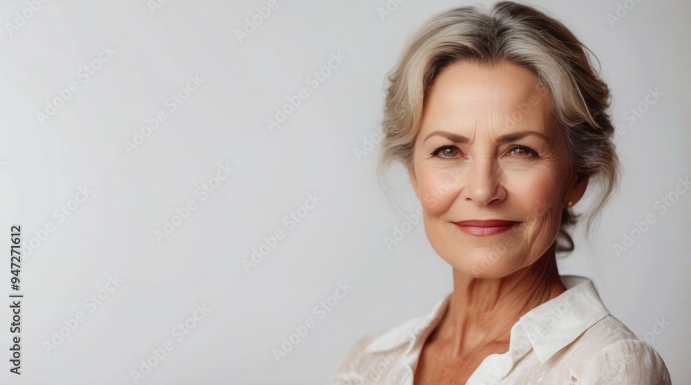 Beautiful gorgeous middle age mature woman looking at camera isolated on white. Mature old lady close up portrait. Healthy face skin care beauty, skincare cosmetics, cosmetology concept copy space Beautiful gorgeous middle age mature woman looking at camera isolated on white. Mature old lady close up portrait. Healthy face skin care beauty, skincare cosmetics, cosmetology concept copy space