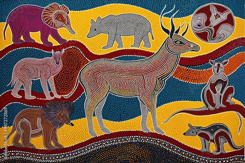 Vivid and Colorful Australian Aboriginal Dot Painting Artistry Depicting Ancient Dreamtime Wildlife Epics