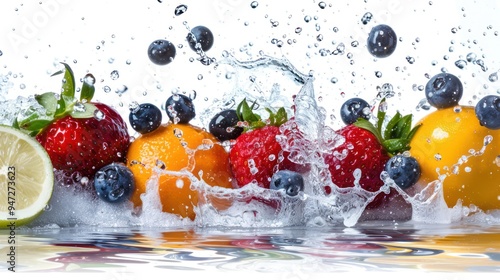 various fruits falling from a height, splashing into water, with fresh detail, isolated on a white background