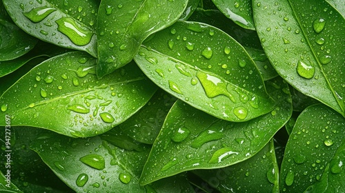 Close up of raindrops on vibrant green leaves, embodying freshness and the nourishment of nature