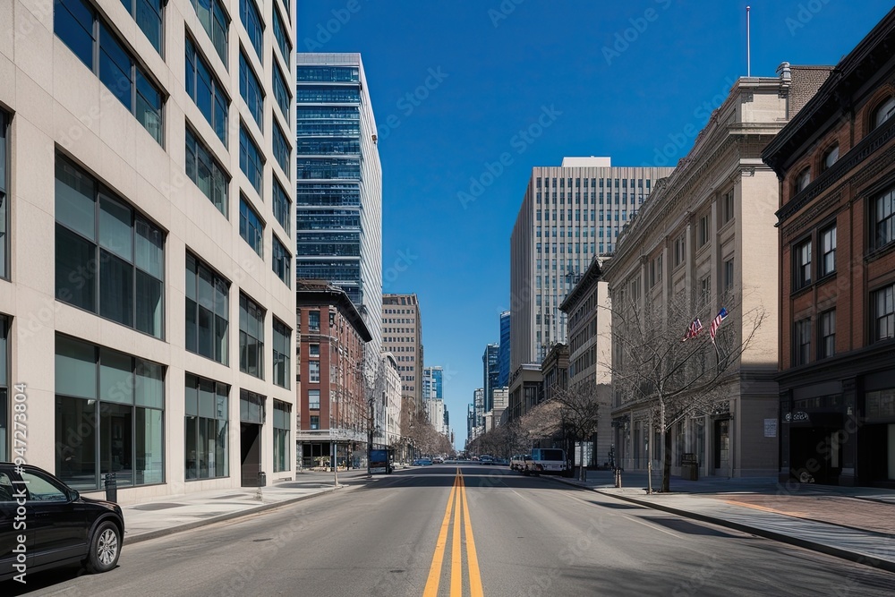Empty Street Perspective of Urban Office Buildings in a City Landscape Empty Street Perspective of Urban Office Buildings in a City Landscape