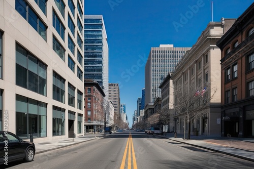 Empty Street Perspective of Urban Office Buildings in a City Landscape