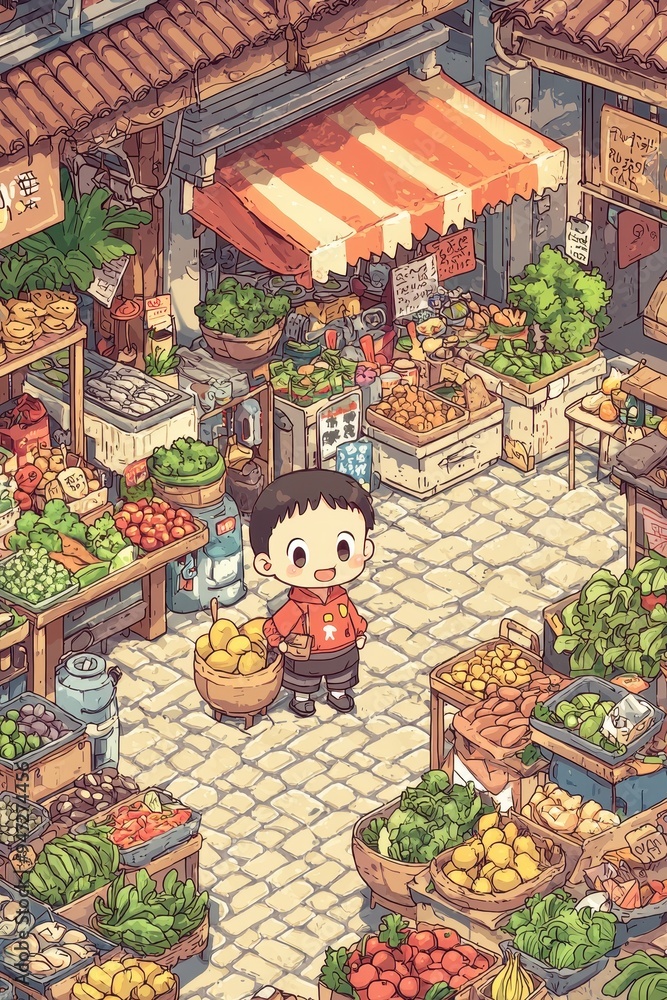 Cartoon Illustration of a Child Buying Fruit at an Outdoor Market Cartoon Illustration of a Child Buying Fruit at an Outdoor Market