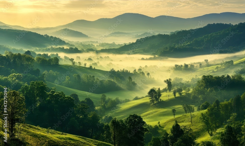 Obraz premium A picturesque landscape of rolling hills and valleys, bathed in the warm glow of sunrise, with a veil of mist clinging to the ground.