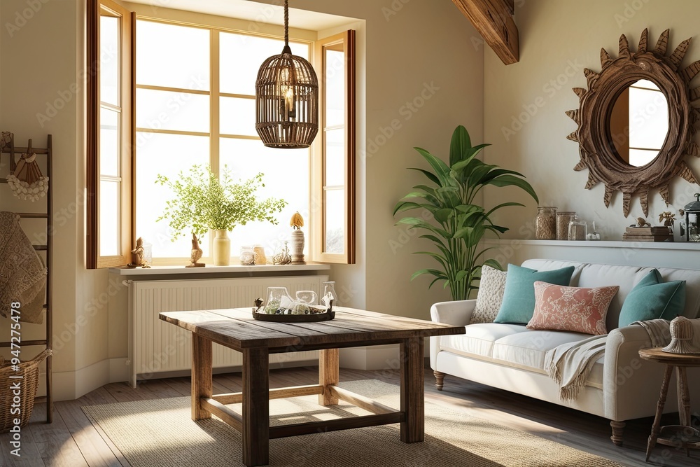 Bright and Tranquil Interior Mock-Up with Rustic Wooden Table and Elegant Decor Bright and Tranquil Interior Mock-Up with Rustic Wooden Table and Elegant Decor