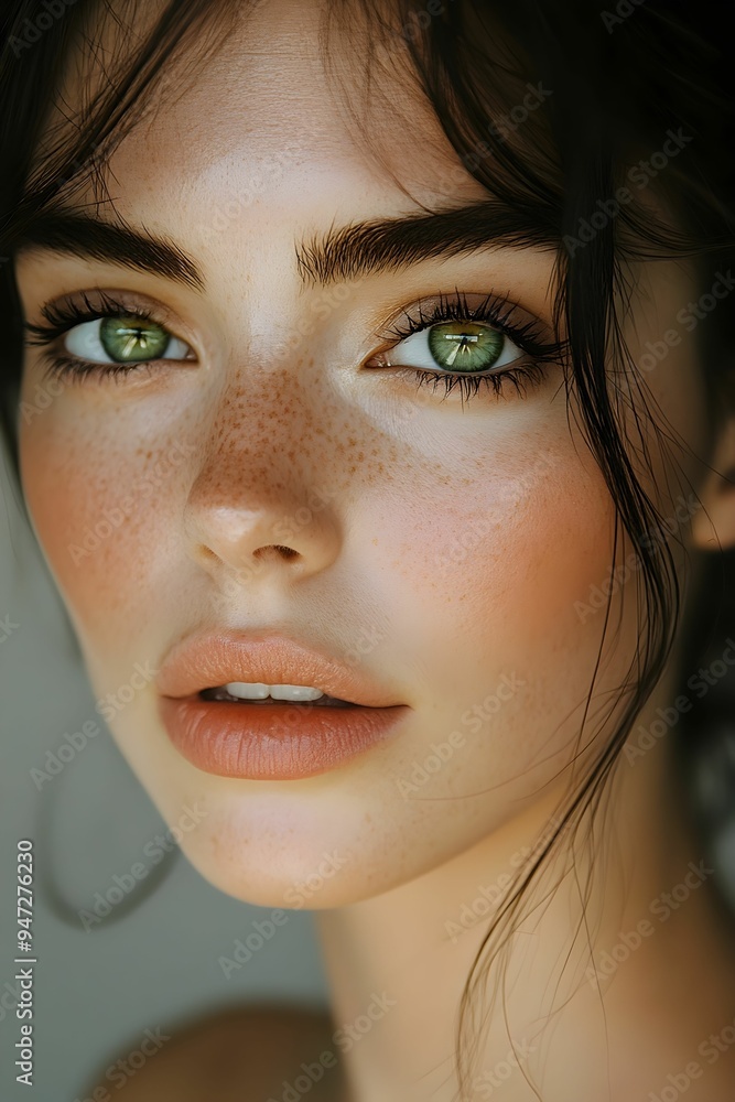 Fototapeta premium A captivating woman’s face with an air of allure. Her features are delicate yet intriguing, inviting curiosity. The expression subtly blends elegance and depth, leaving a lasting impression.