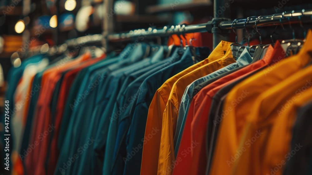 Colorful shirts displayed on a rack in a clothing store Colorful shirts displayed on a rack in a clothing store