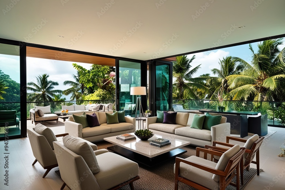 Fototapeta premium Stunning Modern Living Space with Tropical Views and Chic Interior Design