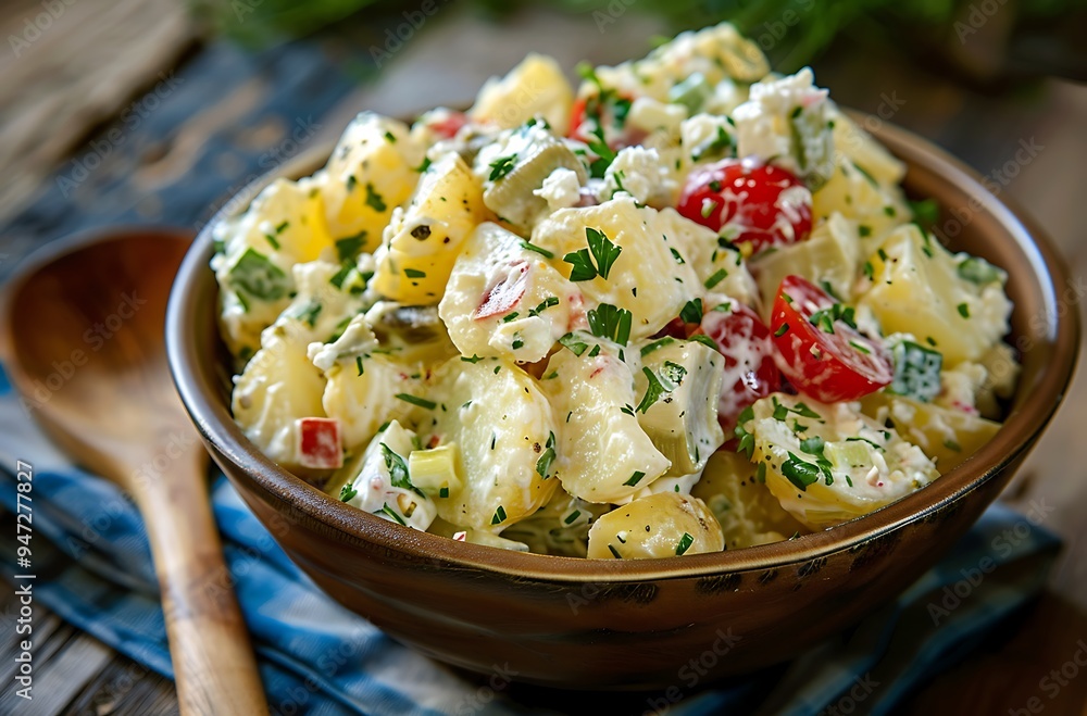 Feta potato salad with artichokes and mint, served in a large bowl on a white tablecloth Feta potato salad with artichokes and mint, served in a large bowl on a white tablecloth