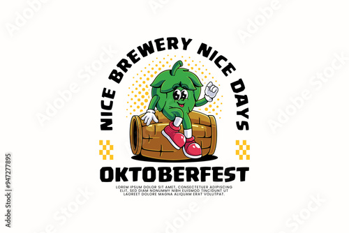 beer cone pine or hop retro cartoon character mascot illustration with sitting on beer keg and showing Ok hand for brewery factor and bar mascots and merchandise