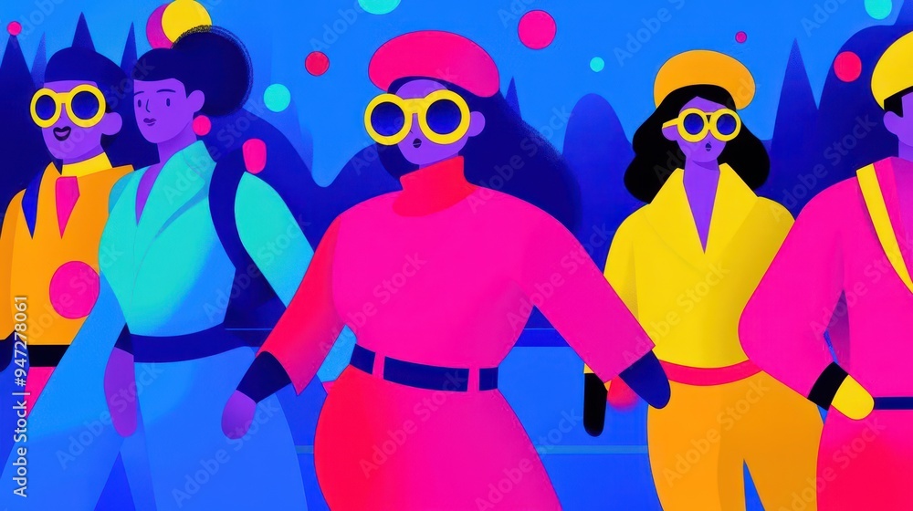 Fototapeta premium A colorful cartoon scene of a retro roller skating rink, with characters in funky outfits, groovy, cartoon, roller skating