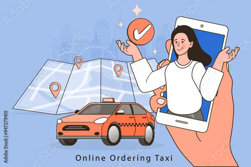 Successful online taxi ordering concept. A happy woman emerges from a smartphone holding a checkmark icon, symbolizing a confirmed booking. For ride-hailing apps and transport reservation systems.