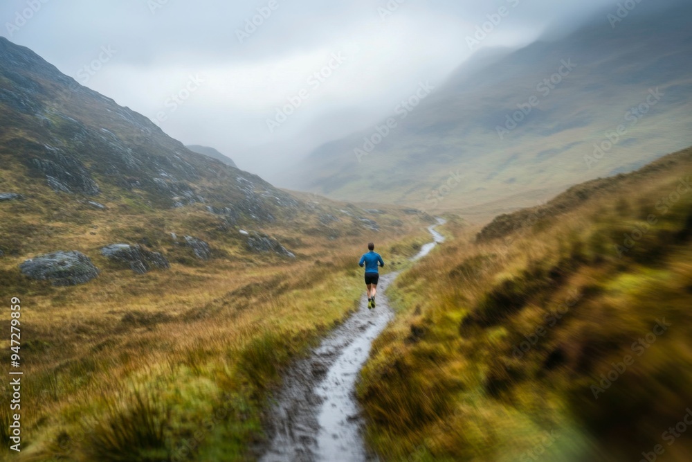 A lone runner traversing a misty mountain path A lone runner traversing a misty mountain path