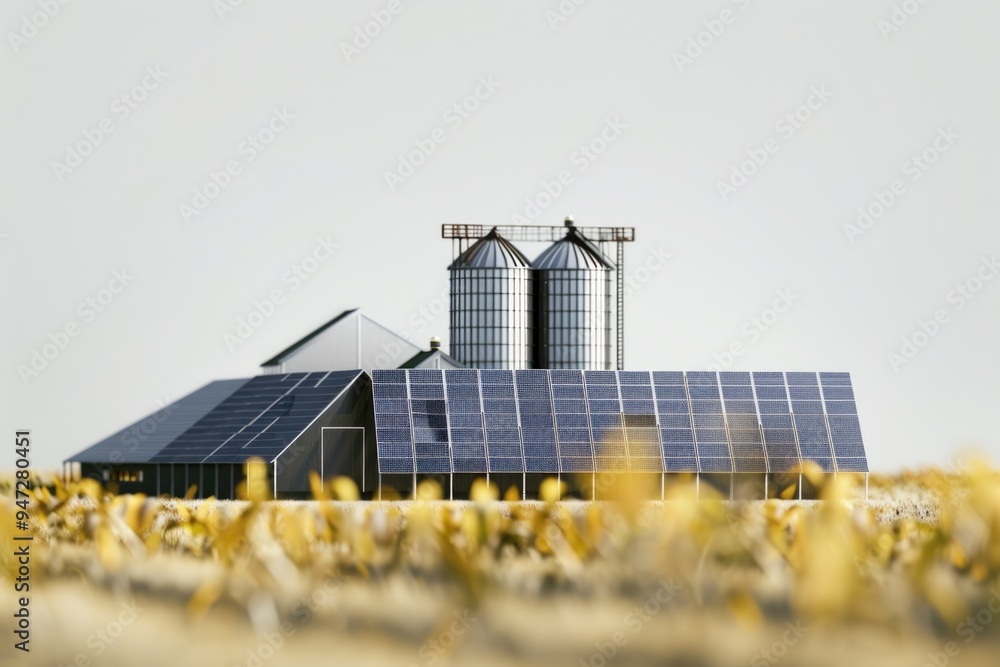 A farmhouse with solar panels installed on the roof for renewable energy A farmhouse with solar panels installed on the roof for renewable energy
