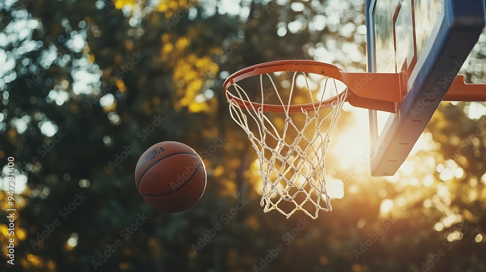 Fototapeta premium A basketball hangs in mid-air, about to go through the hoop on a sunny day.