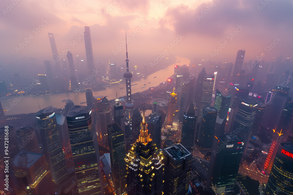 Naklejka premium Aerial View of Skyscrapers in an Urban Cityscape