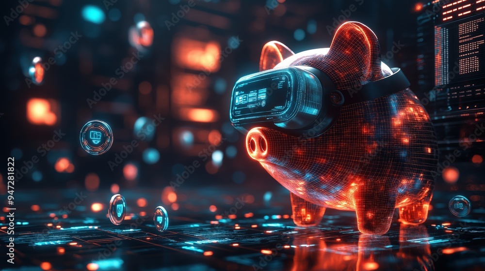 Neon piggy bank with glowing circuits in cyber city Neon piggy bank with glowing circuits in cyber city