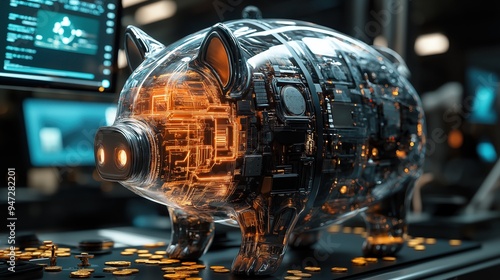 Futuristic piggy bank with glowing circuits