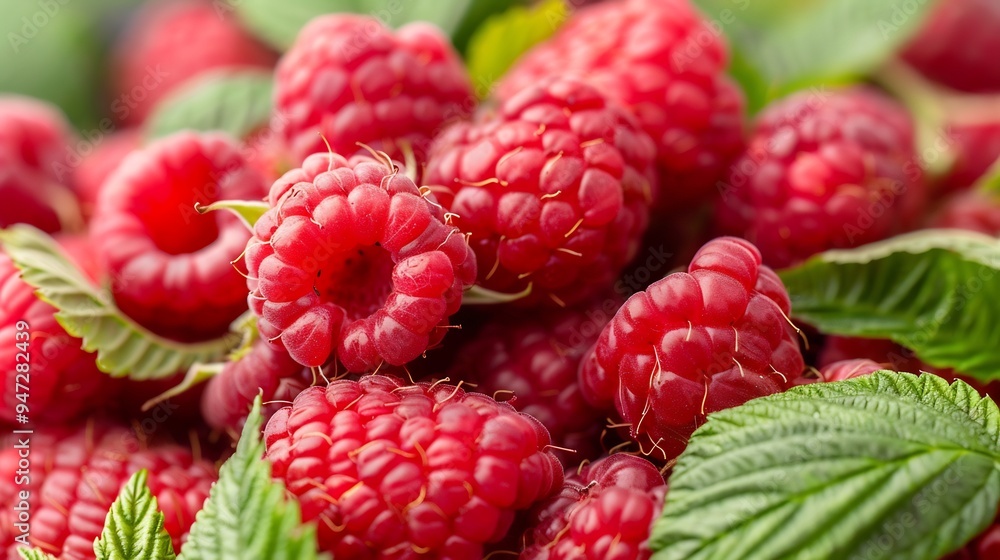 Fresh Red Raspberries with Green Leaves Fresh Red Raspberries with Green Leaves