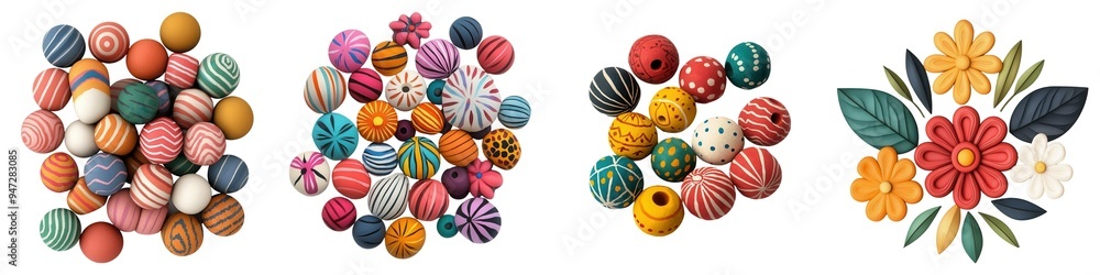 Fototapeta premium 4 Set Diwali decor, Colorful decorative beads in various patterns, Crafting or artistic projects, and enhancing creativity. Isolate white background set