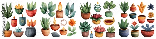 4 Set Diwali decor, A vibrant collection of watercolor plants and pots, enhancing artistic projects. Isolate white background set