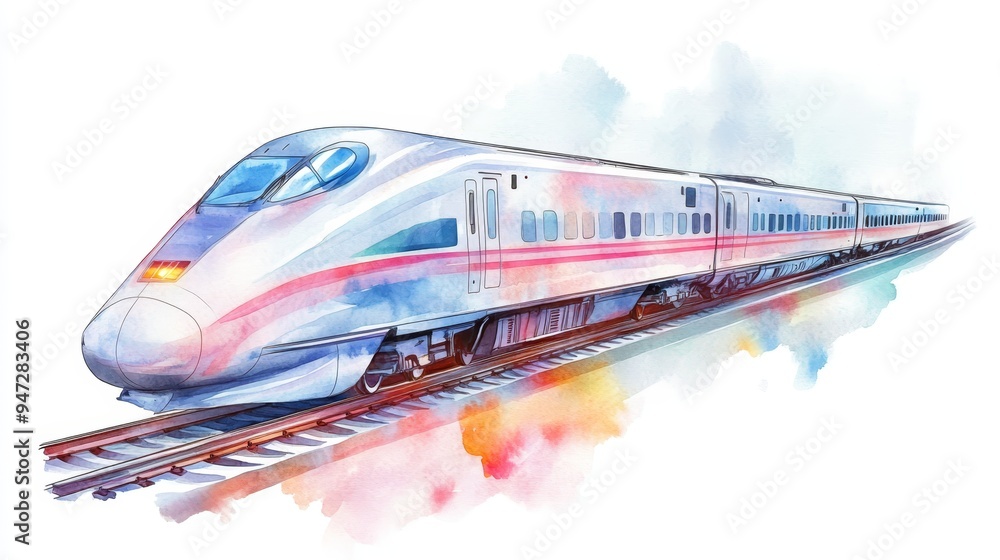 Fototapeta premium Watercolor Painting of a Modern High Speed Train on Tracks
