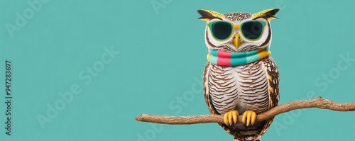 A groovy cartoon owl perched on a branch, wearing retro glasses and a colorful scarf, groovy, cartoon owl, retro