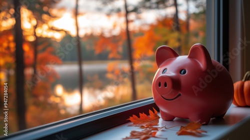 Piggy bank on windowsill with autumn forest view