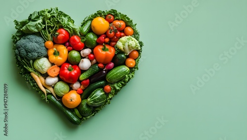 Heart Shape of Fresh Fruits and Veggies on Green Background for Healthy Eating