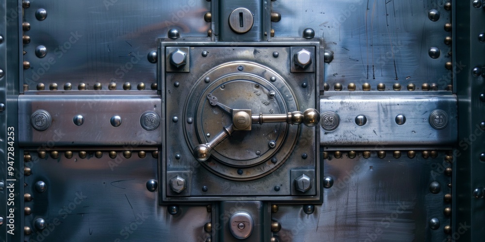A rusty metal door with rivets, illuminated by a spotlight, creating a dramatic and mysterious atmosphere. A rusty metal door with rivets, illuminated by a spotlight, creating a dramatic and mysterious atmosphere.