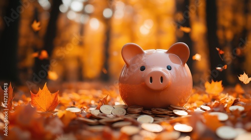 Piggy bank on autumn leaves with falling foliage