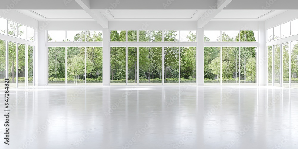 Fototapeta premium Modern White Interior with Large Windows and Green Trees View