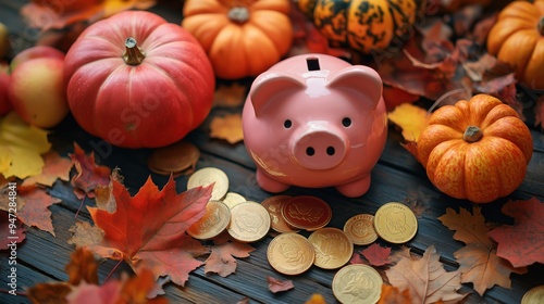 Piggy bank surrounded by pumpkins and autumn leaves