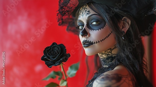 Girl toying with a black rose while dressed for the Day of the Dead event photo