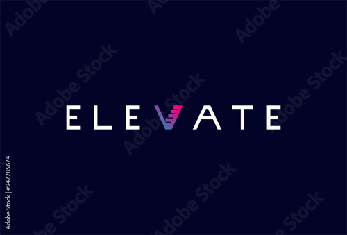 Elevate Logo, letter V with Stairs icon combination in text Elevate typography logo, vector illustration