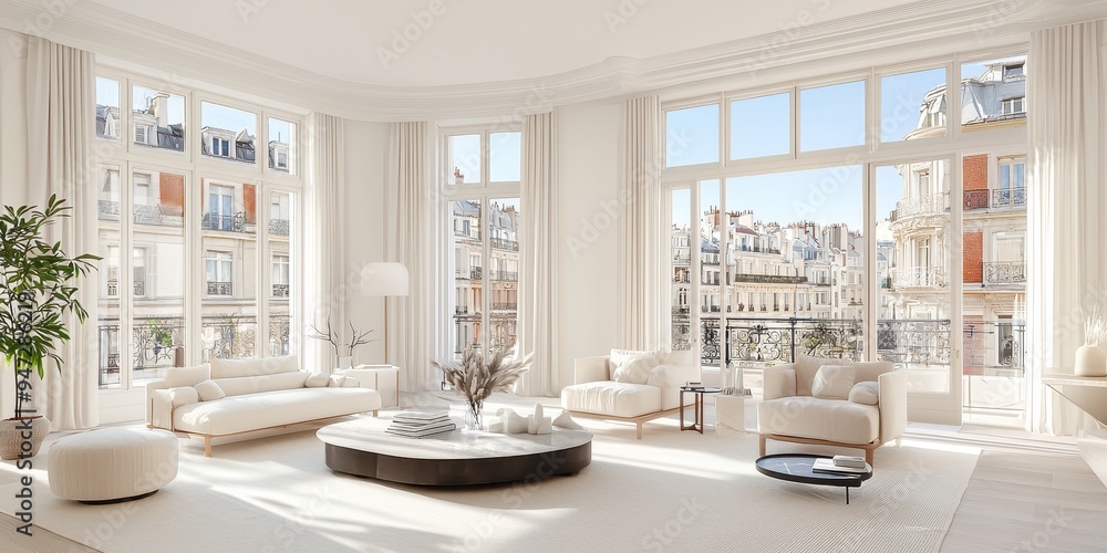 Modern Living Room with City View White Interior Design Large Windows Light and Airy Minimalist Style Parisian Apartment Modern Living Room with City View White Interior Design Large Windows Light and Airy Minimalist Style Parisian Apartment