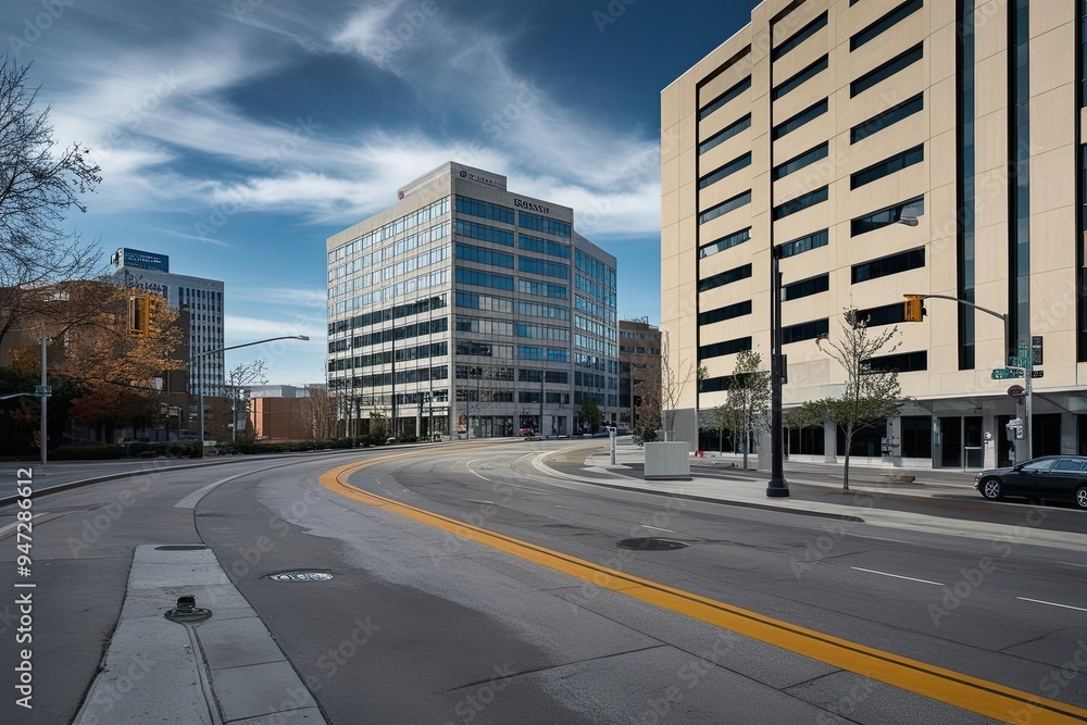Captivating View of a Vacant Urban Street Adjacent to Corporate Buildings