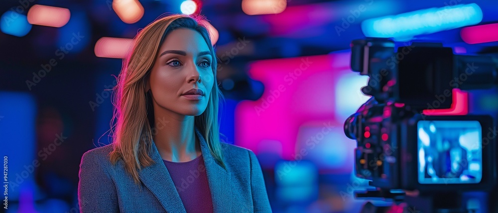A live news anchor presents the most recent developments on a nighttime show. A live news anchor presents the most recent developments on a nighttime show.