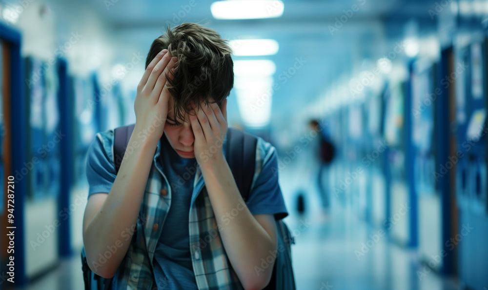 Distressed teen boy hides face in school corridor, feeling overwhelmed and alone Distressed teen boy hides face in school corridor, feeling overwhelmed and alone
