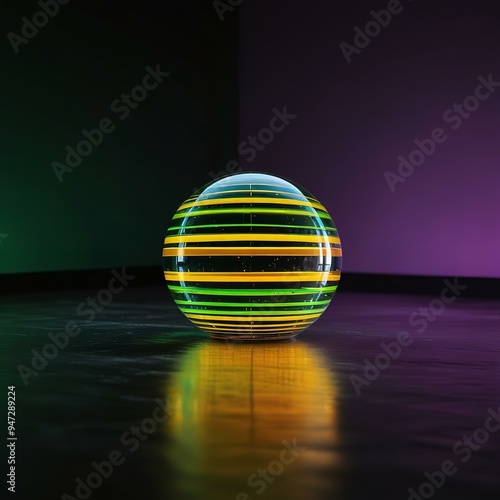 Neon-lined sphere glows on dark surface, radiating futurism.