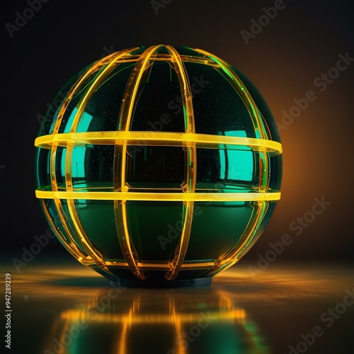 Neon-lined sphere glows on dark surface, radiating futurism.