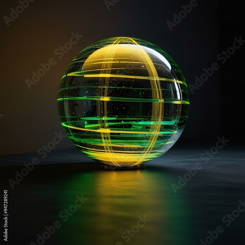 Neon-lined sphere glows on dark surface, radiating futurism.