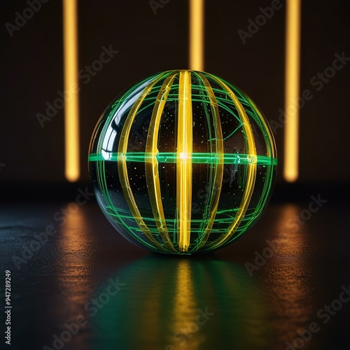 Neon-lined sphere glows on dark surface, radiating futurism.