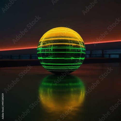 Neon-lined sphere glows on dark surface, radiating futurism.