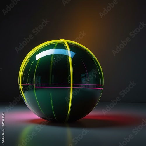 Neon-lined sphere glows on dark surface, radiating futurism.
