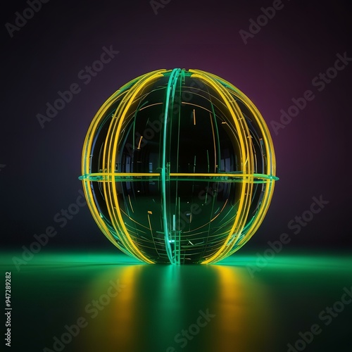 Neon-lined sphere glows on dark surface, radiating futurism.