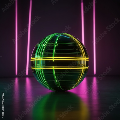 Neon-lined sphere glows on dark surface, radiating futurism.