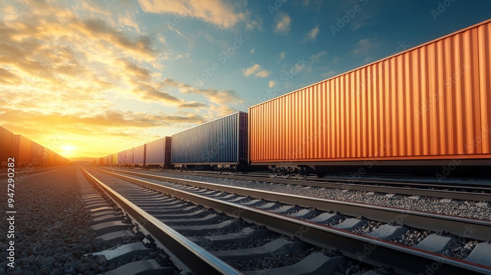 Freight Train on Railway Tracks at Sunset Freight Train on Railway Tracks at Sunset