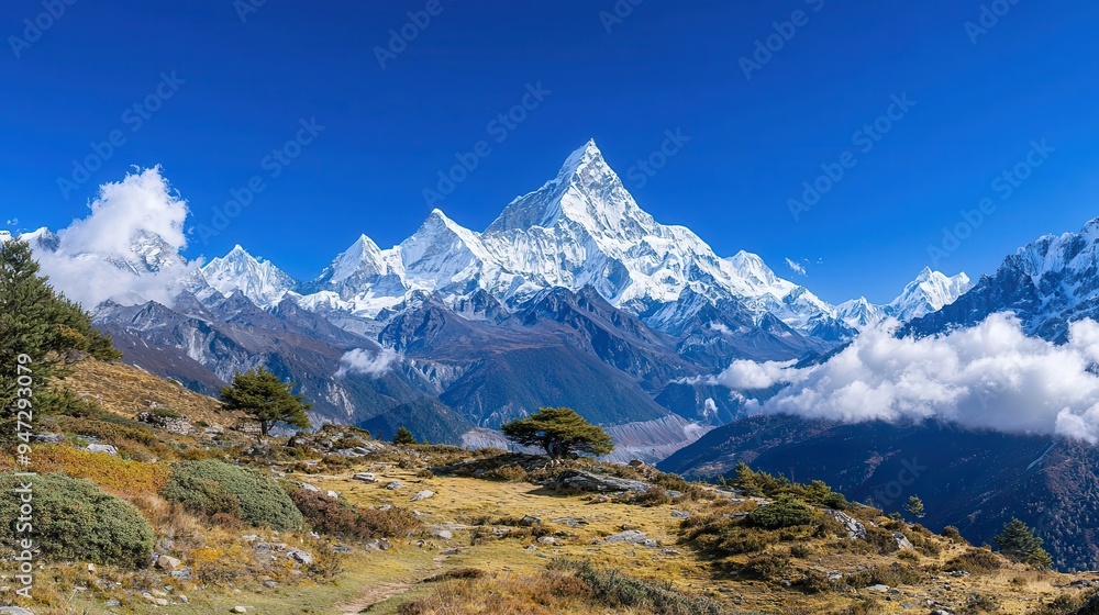 Majestic Himalayan Mountain Peak with Cloudy Sky and Lush Vegetation Majestic Himalayan Mountain Peak with Cloudy Sky and Lush Vegetation