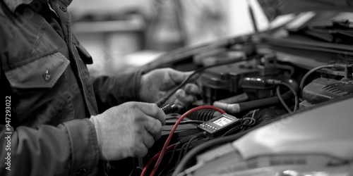A person repairing an automobile engine while holding a smartphone, possibly checking instructions or taking photos
